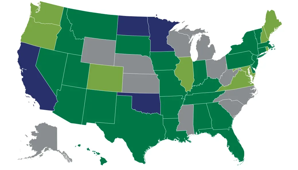 A map of the United States with states shaded in different colors: dark green, light green, navy blue, and gray. Colors represent different categories or classifications not specified in the image description.